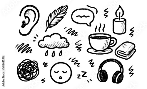 Hand drawn doodle icons of relaxation and calm