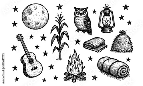 Rustic nighttime camping elements in sketch style with fire and moon