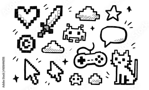 Retro pixel art elements: game icons and symbols for creative designs