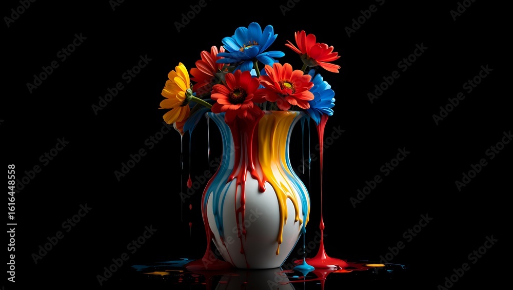Fototapeta premium Vibrant dripping paint vase with colorful flowers