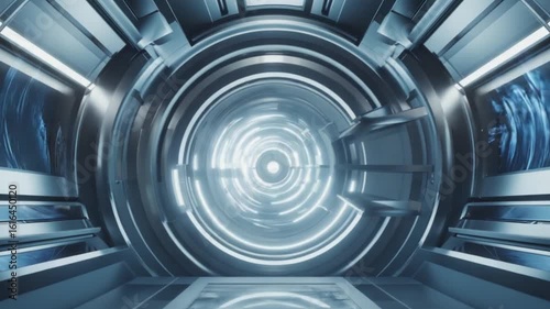 Futuristic corridor with glowing circular patterns and sleek metallic surfaces in a sci-fi setting