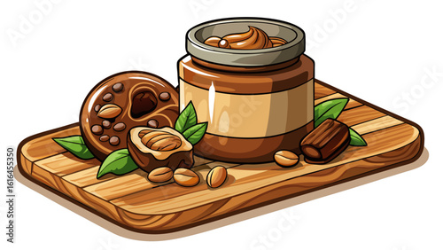 Chocolate paste in jar with nuts on cut wooden board white background