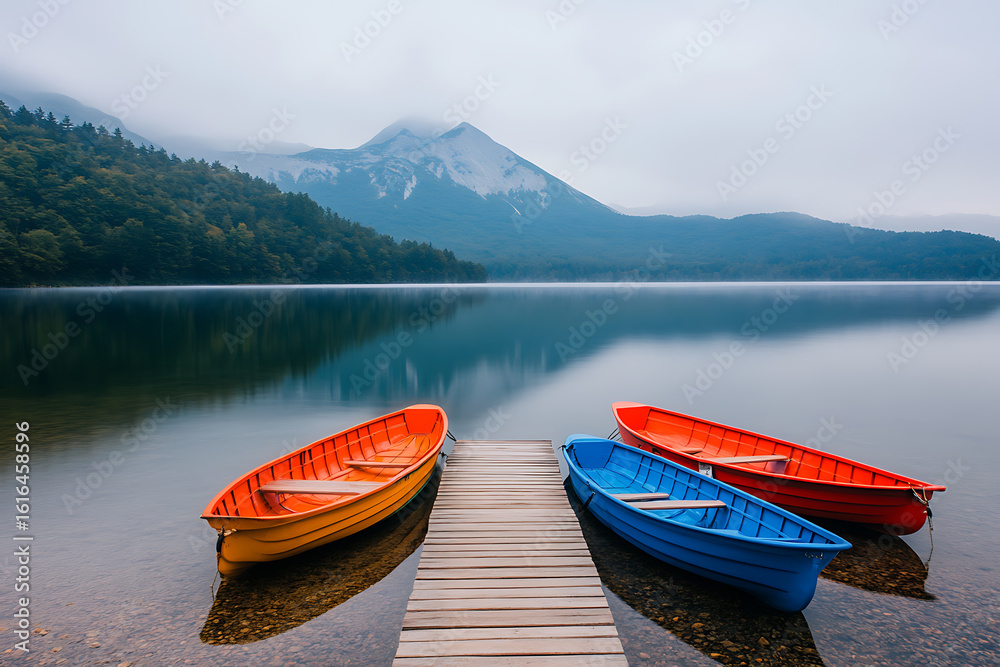 Lake Scene with Boats: A serene lake scene featuring vibrant boats moored to a wooden dock, against a backdrop of mountains and a misty sky. Peaceful nature scene. Lake Scene with Boats: A serene lake scene featuring vibrant boats moored to a wooden dock, against a backdrop of mountains and a misty sky. Peaceful nature scene.