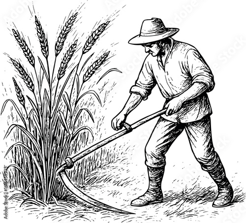 Wheat harvest with scythe sketch. Traditional grain cutting scene in golden field, rural farming line art.