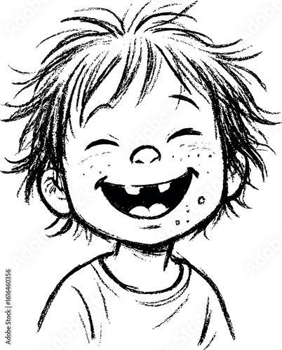 Child giggling candid portrait sketch. Spontaneous moment with gap-toothed smile and messy hair, playful line art.