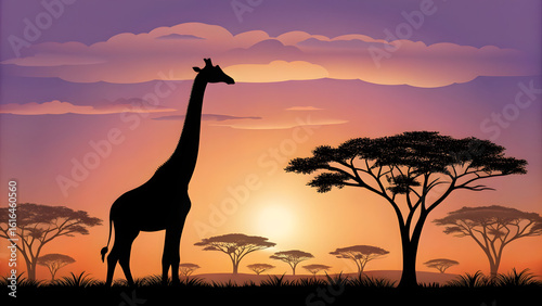 A striking giraffe silhouette against a vibrant safari sunset, embodying the wild beauty of nature's landscape