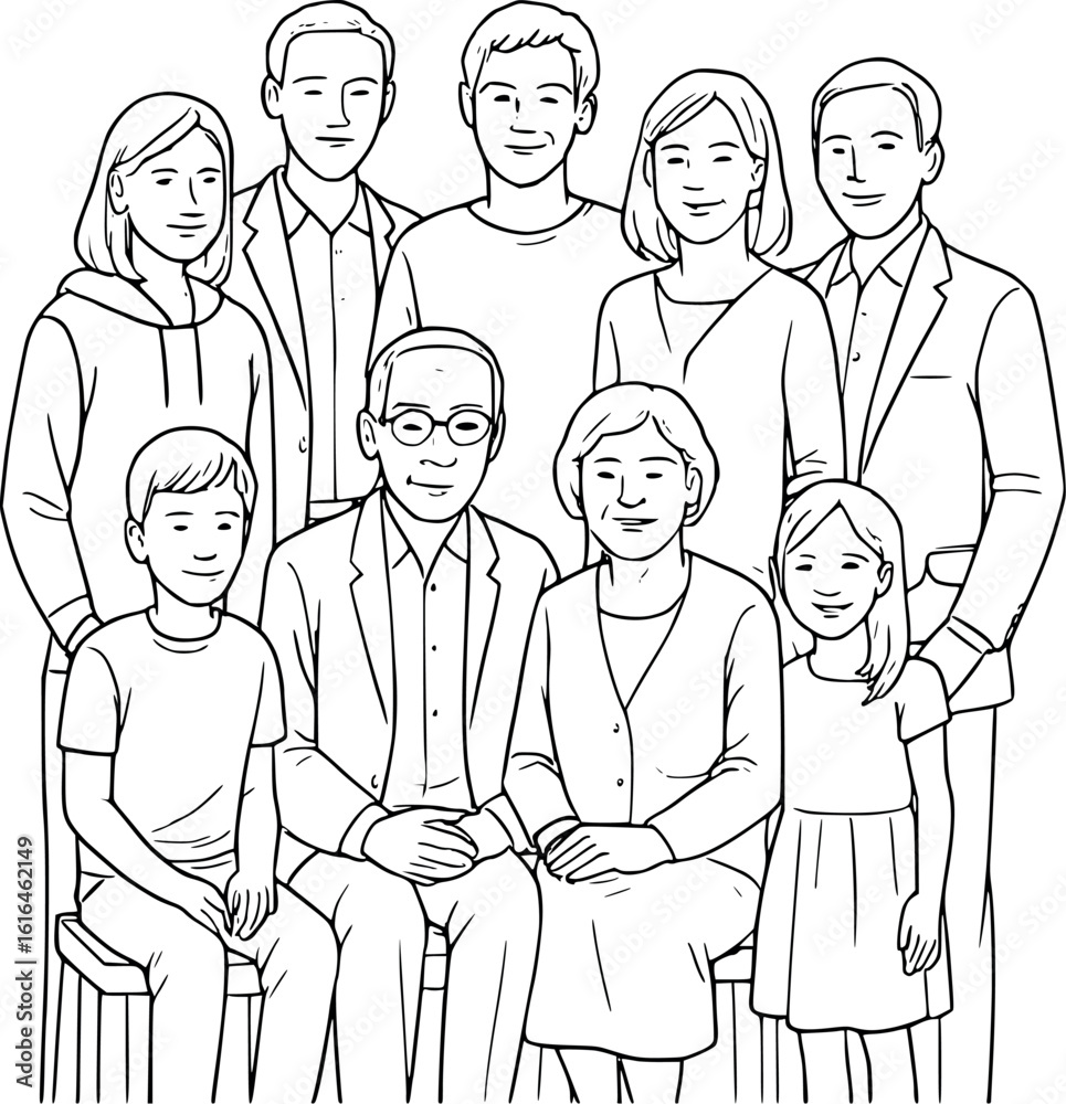 Family reunion group photo sketch. Three generations posing together with grandparents centered, formal gathering moment. Family reunion group photo sketch. Three generations posing together with grandparents centered, formal gathering moment.