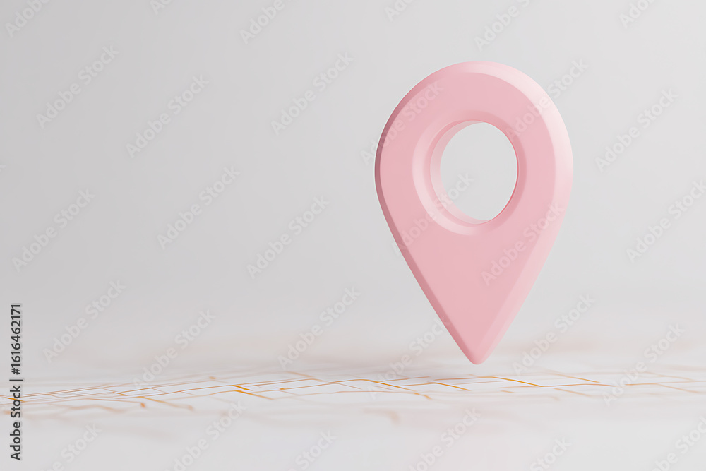 Fototapeta premium Pink Location Pin: 3D render of a pink location pin hovering over a stylized map, symbolizing direction, navigation, and finding places, ideal for travel and tech themes.