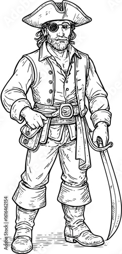 Pirate costume sketch. Swashbuckling character with tricorn hat and cutlass, adventurous costume design drawing.