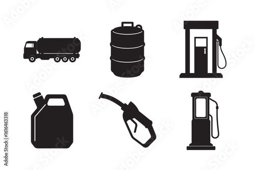 silhouette fuel tanker truck, gasoline barrel, modern fuel dispenser, petrol canister jerry, petrol pump nozzle, set bundle on white background