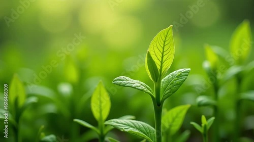 Seedling sprouting, vibrant green leaves unfurling in the sunlight, a symbol of growth and new beginnings