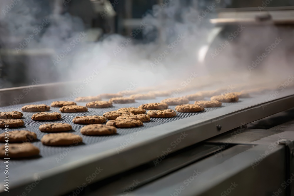 front view, showing cookies on a conveyor belt in a factory for baking and cookie production front view, showing cookies on a conveyor belt in a factory for baking and cookie production