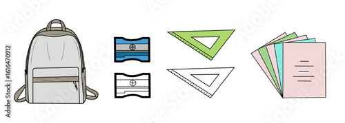 Vector, line, graphic drawings of a school bag, lilies, colored notebooks