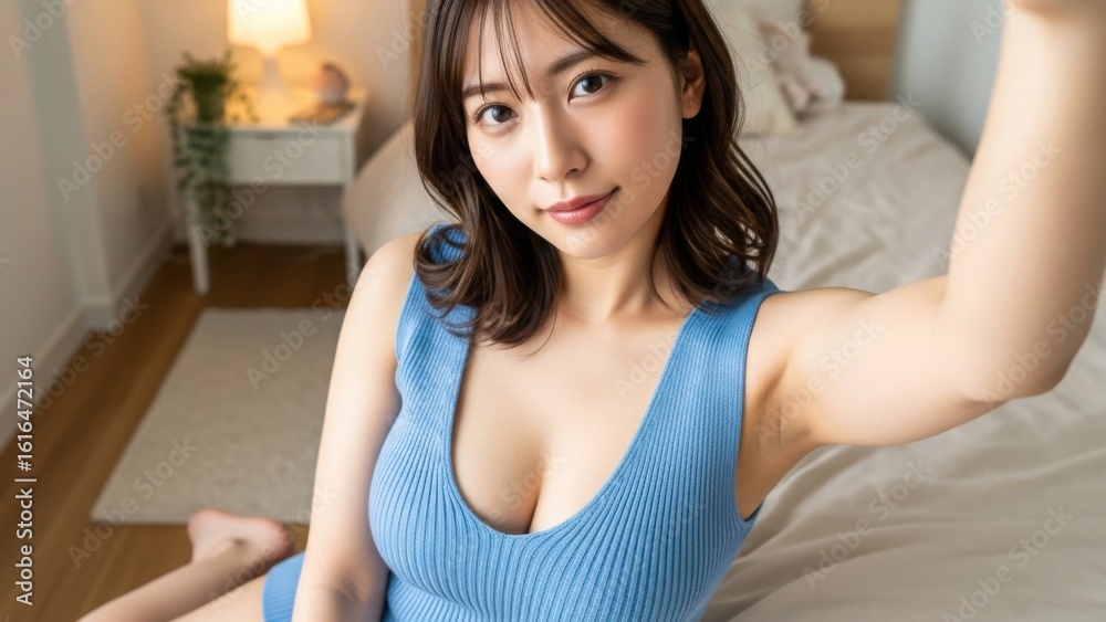 寝室のベッドに座り、カメラに向かって微笑む女性の自撮り 寝室のベッドに座り、カメラに向かって微笑む女性の自撮り