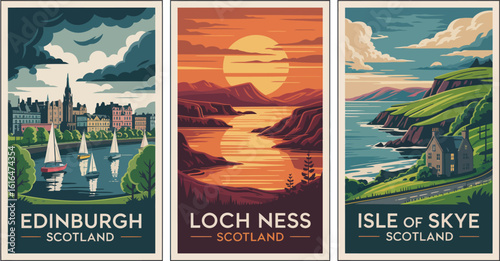 Three scotland travel posters featuring edinburgh loch ness and isle of skye