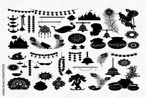A collection of black silhouette illustrations featuring Indian cultural and religious symbols, including peacocks, bells, garlands, diyas, and other decorative elements.