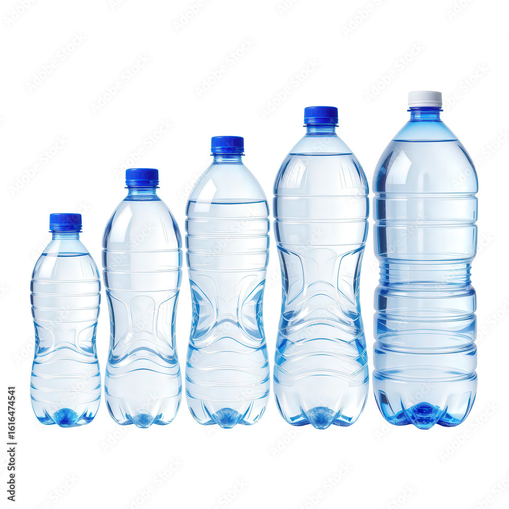 Naklejka premium Variety of Plastic Water Bottles in Different Sizes on White Background