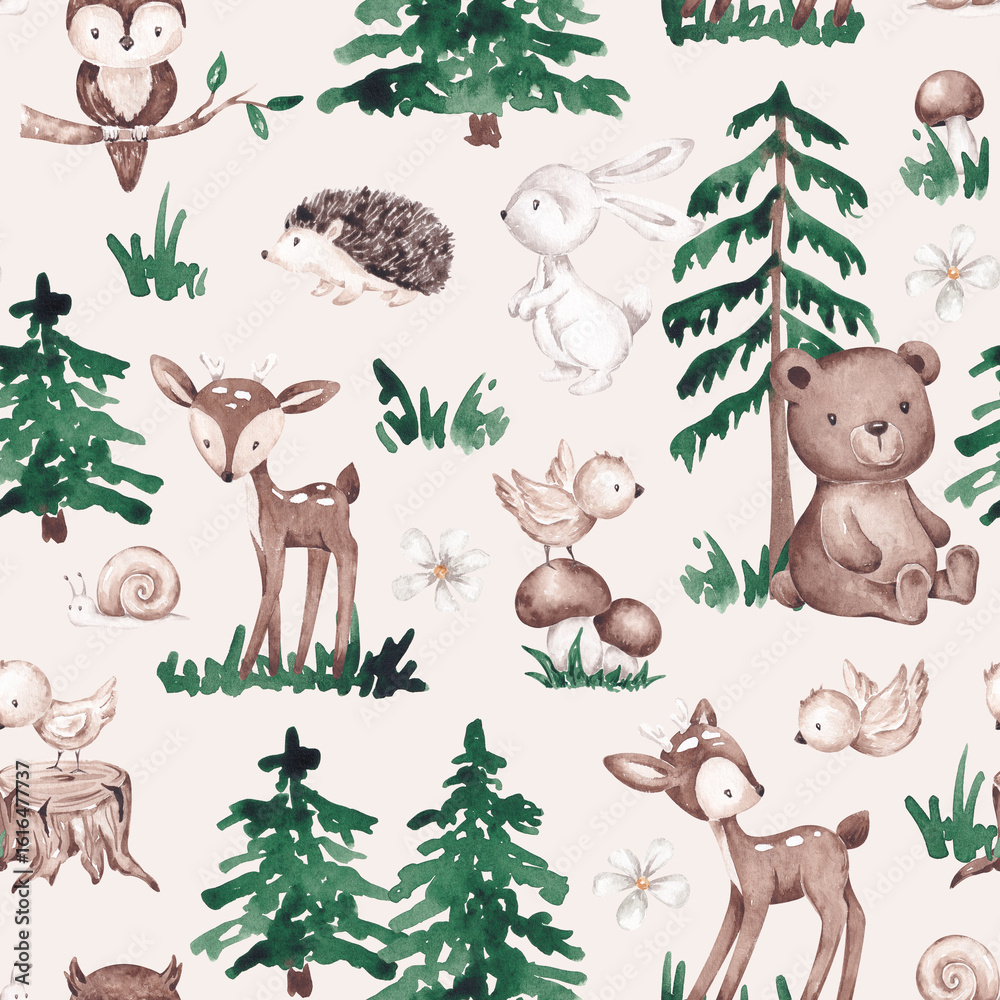 Naklejka premium Woodland seamless pattern hand drawn with watercolor. Cute forest animals and plants. Gender neutral digital paper. For kid textile, fabric, clothing, cards, wallpaper