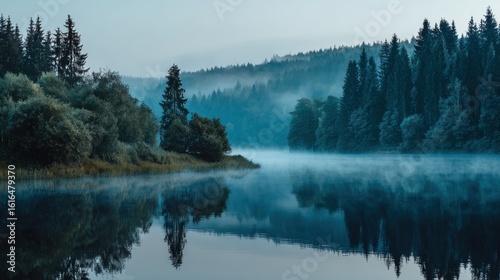 Misty forest lake at dawn