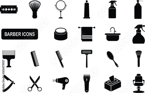 Vector Essential Barber Icons Bundle, Professional Hair Salon and Grooming Tools