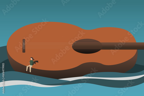 Young woman sitting on a giant guitar sailing in the sea