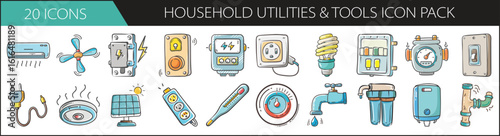 Household Utilities and Tools Icon Set for Home Maintenance - Icon pack featuring home utility systems, electrical tools, water supply, and energy devices for maintenance, repair, and infrastructure 