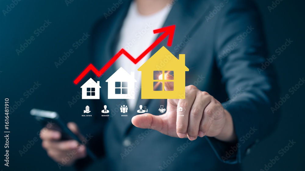 Businessman touching a glowing house icon with an upward red arrow growth in real estate investment and housing market trends. Modern concept of property investment, real estate financial success. Businessman touching a glowing house icon with an upward red arrow growth in real estate investment and housing market trends. Modern concept of property investment, real estate financial success.