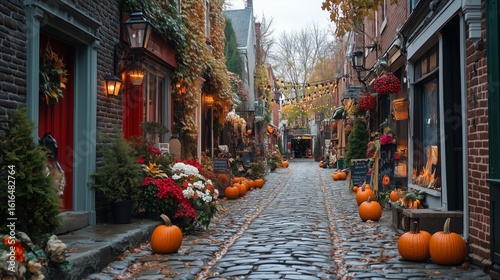 Colorful Autumn Street With Pumpkins and Decorations in a Quaint Village Duri...
