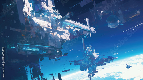 Massive orbital station in deep space above a planet, a vision of futuristic technology and interstellar travel.