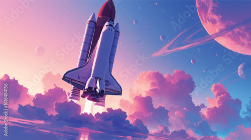 Futuristic rocket ship launching into a dreamscape of cosmic clouds and ringed planets. A digital fantasy vector illustration.