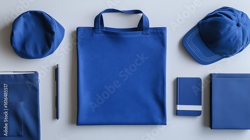 Assorted blue promotional products on a white surface