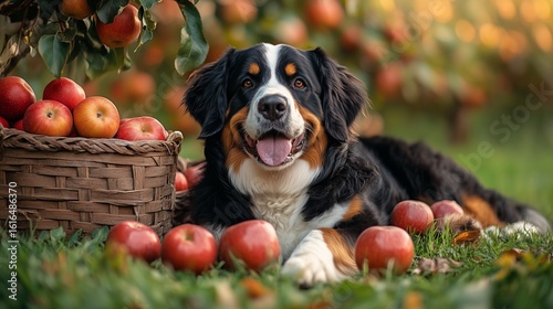 Happy Dog Surrounded by Apples in an Orchard During Late Afternoon Sunlight