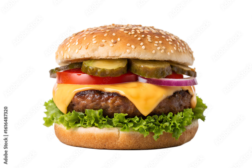 Classic Cheeseburger with Fresh Vegetables and Sesame Seed Bun Isolated on a Plain Background Classic Cheeseburger with Fresh Vegetables and Sesame Seed Bun Isolated on a Plain Background