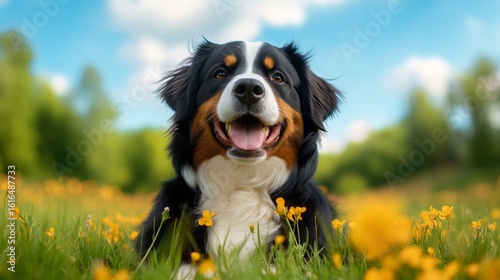 Happy Dog Sitting in a Field of Bright Yellow Flowers Under a Clear Blue Sky.