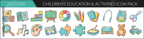 Children’s Education and Activities Icon Set - Playful icon pack with school supplies, toys, puzzles, and learning tools, ideal for kids’ education, preschool, and activity designs.