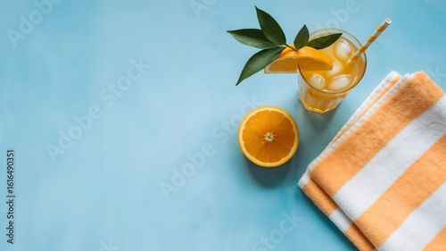 Flat Lay of Orange Juice with Ice and Citrus on Light Blue Background
