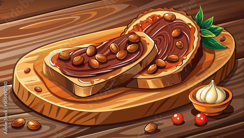  close up Board of bread with chocolate paste and hazelnuts on wooden background