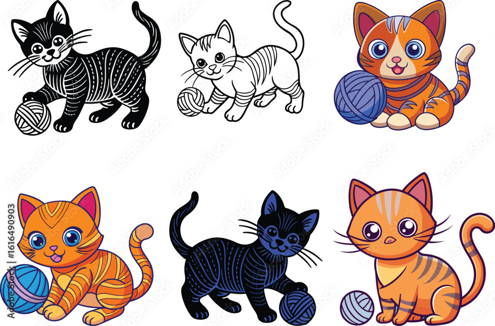 Fototapeta premium Cute cartoon kittens vector bundle 6 set in various style vector illustration eps