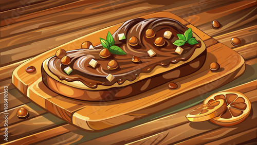  close up Board of bread with chocolate paste and hazelnuts on wooden background