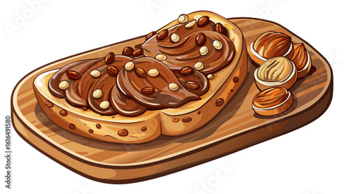  close up Board of bread with chocolate paste and hazelnuts on wooden background
