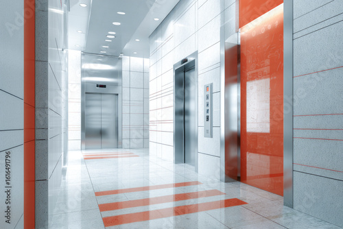 Modern elevators doors opening in office building corridor