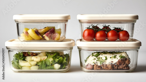 Glass food storage containers filled with different dishes such as salad or fruits