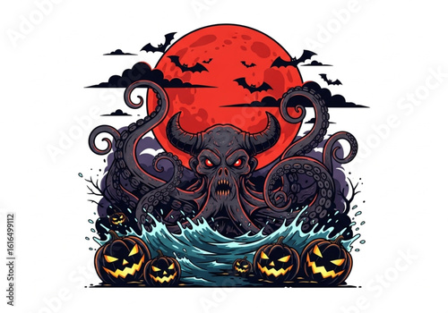 Flat vector illustration of demonic octopus emerging from stormy waters under blood red Halloween moon horror sticker design

