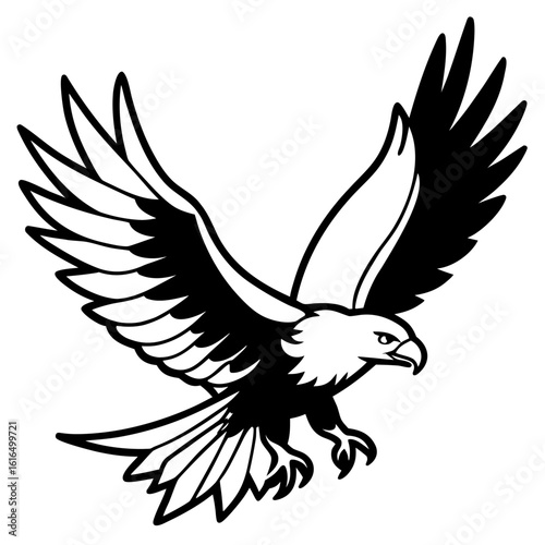 Stylized eagle in flight with wings spread wide and talons extended Keywords: eagle, bird, raptor, predator, flying, flight, wings, spread, talons, claws, sharp, aggressive, powerful, majestic