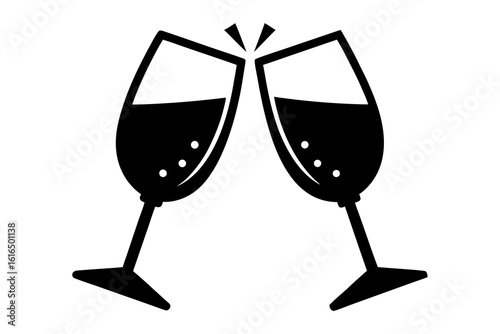 Two black champagne glasses clinking on a white background toast celebration