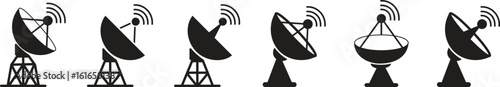 Satellite dish icon set, black vector collection of communication antenna group in flat style, radar signal transmitter receiver symbols, wireless broadcast network elements bundle