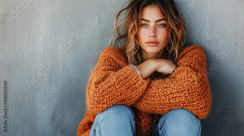 Young Woman Relaxes in Cozy Sweater Against Simple Gray Wall in Casual Urban ...
