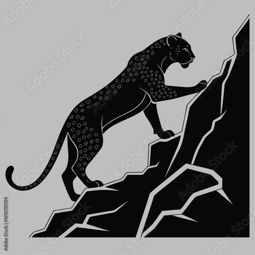 Leopard Climbing Rock Ledge Silhouette vector design art and illustration