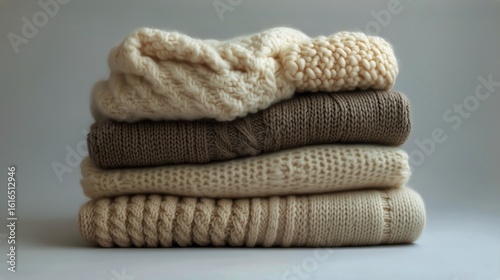Cozy Knitted Sweaters Arranged Neatly in a Stack on a Soft Surface in a Warm-...