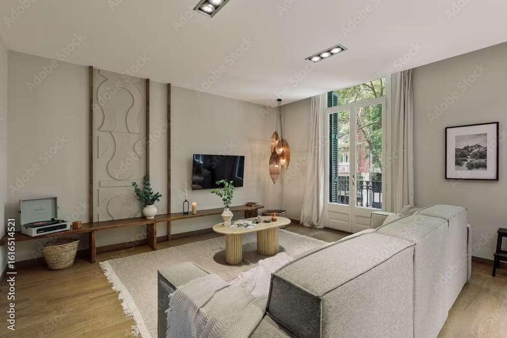 Fototapeta premium Modern luxury apartment interior in minimal scandinavian style, 3d rendering